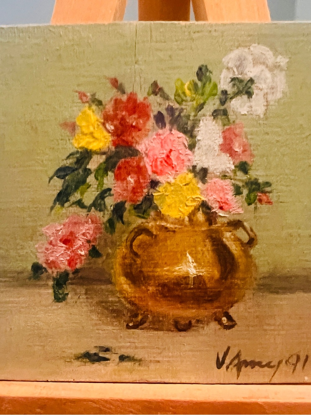 Vintage Floral Still Life Painting in Green with Gold Vase